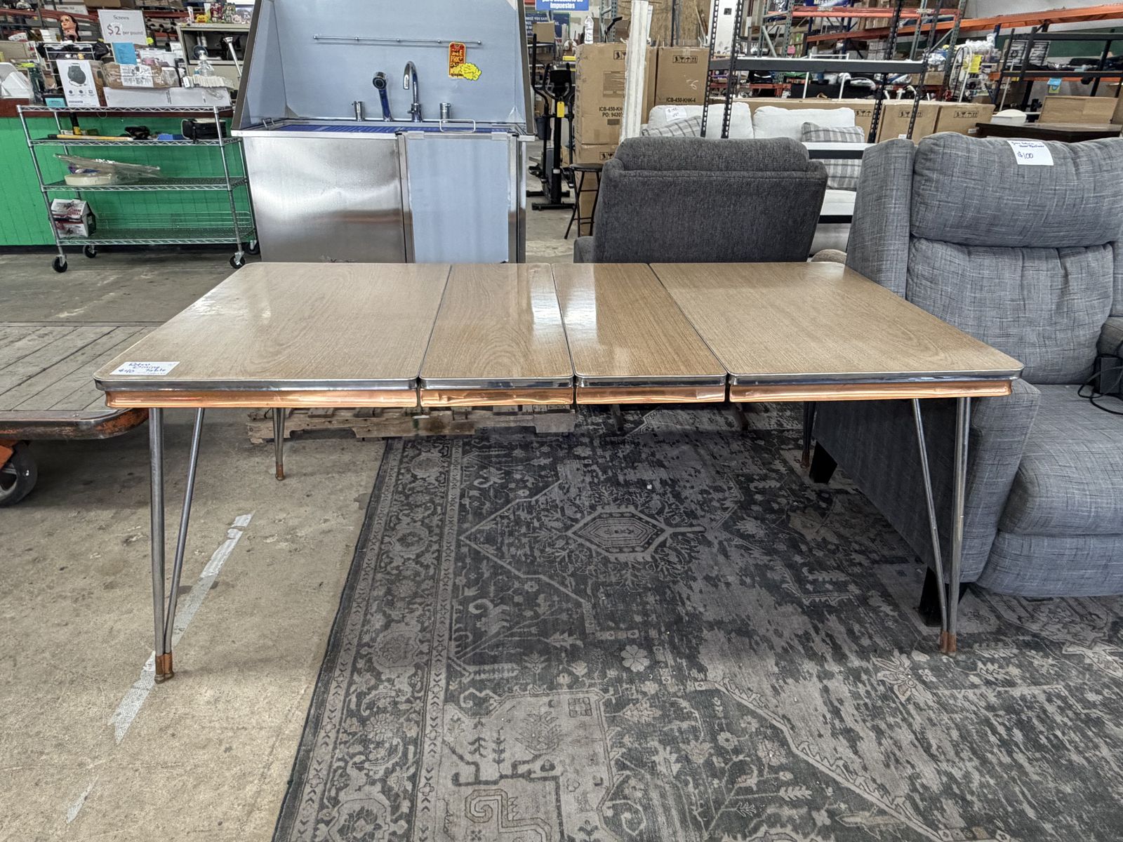Retro Dining Table with 2 Leaves, Metal Trim & Hairpin Legs