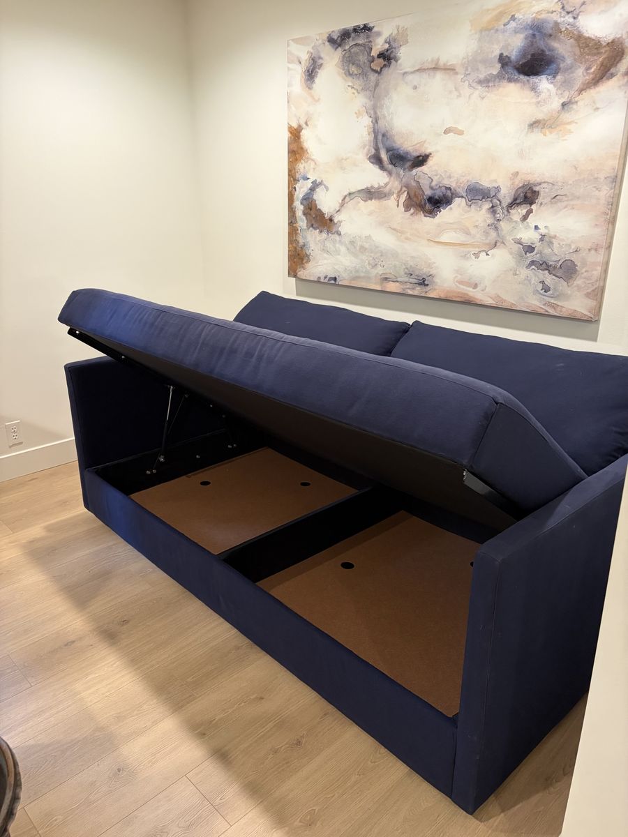 Crate & Barrel Blue Fabric Couch with Storage - Excellent Condition