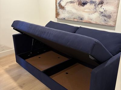 Crate & Barrel Blue Fabric Couch with Storage - Excellent Condition