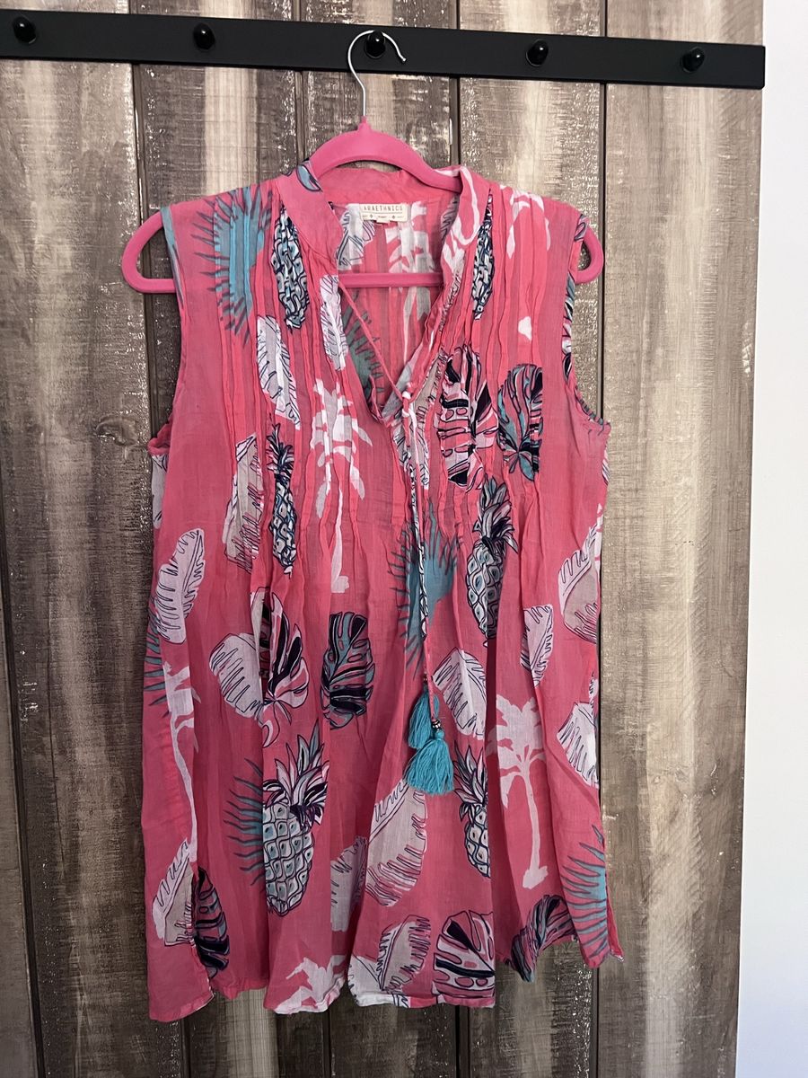 Pink Cotton Tropical Print Sleeveless Tunic Top with Tassels