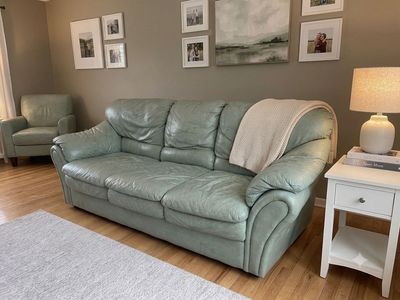 Clean & Comfortable Top Grain Leather Couch - High Quality, Mint Green