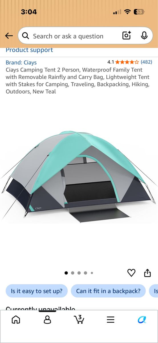 Ciays 2-Person Camping Tent with Removable Rainfly - New Teal