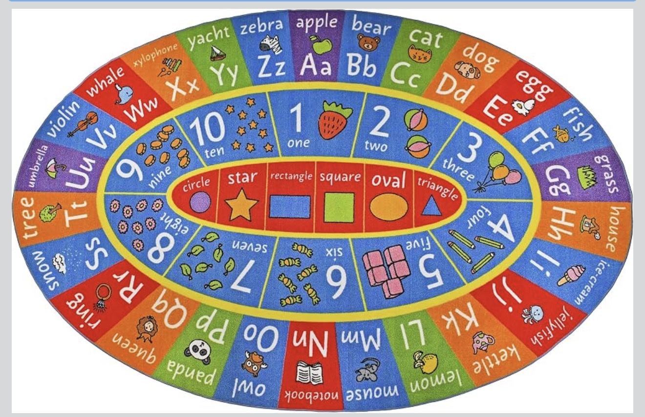 New Children's Educational Alphabet, Numbers & Shapes Oval Play Rug 8x10