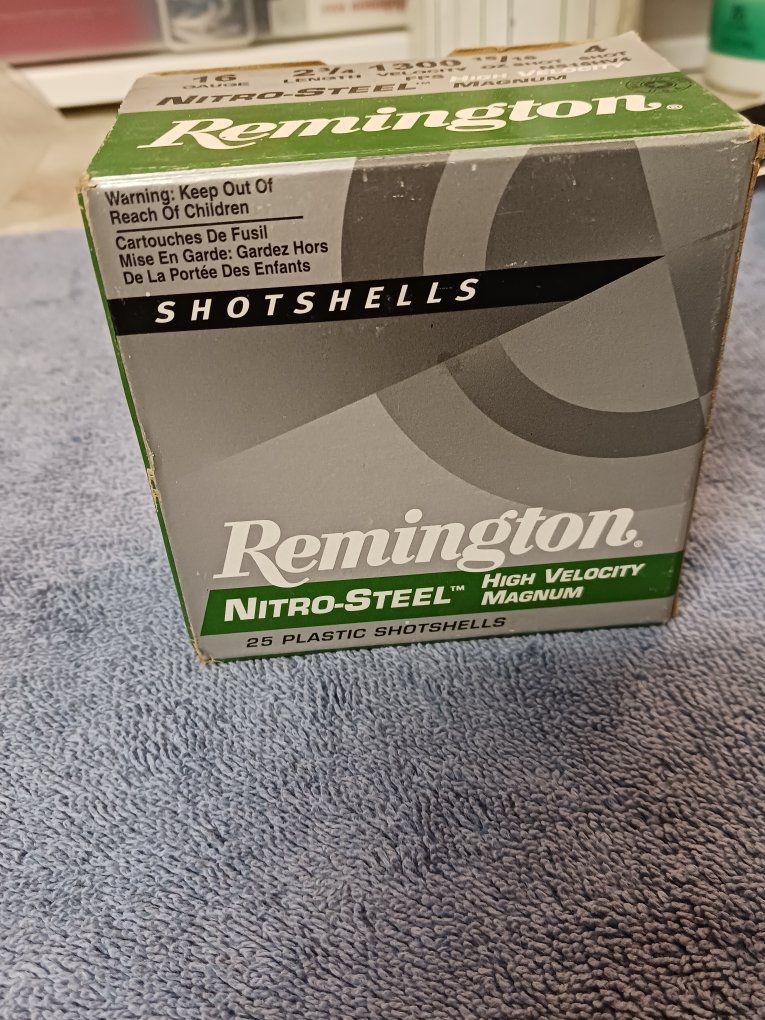 New box Remington Nitro-Steel High Velocity Magnum 16 Gauge 2 3/4" 1 5/16 oz Shot #4 Shotshells. Plus 11 older misc.16 ga rounds