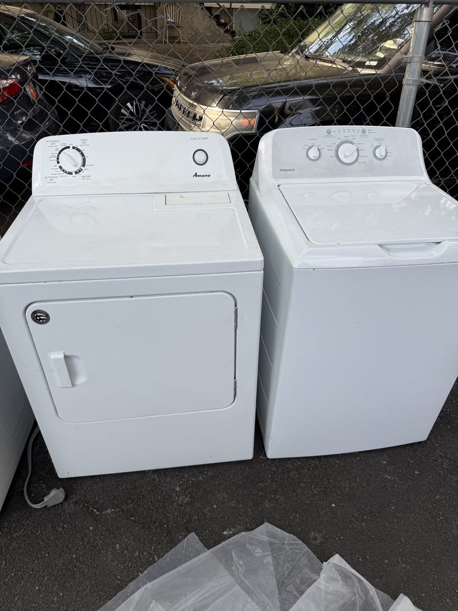 Amana Electric Dryer and Hotpoint Top Load Washer Set White