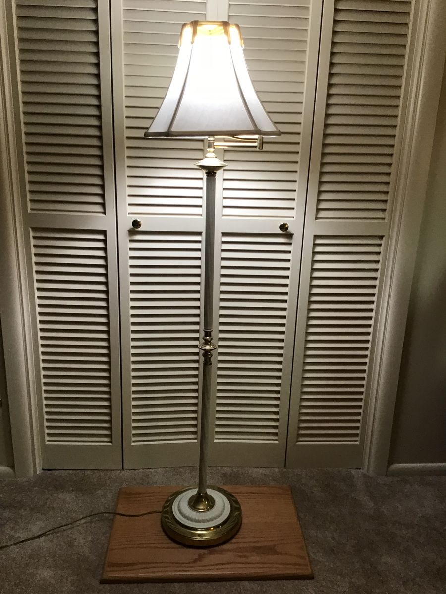 Brass & White Floor Lamp with Swing Arm and Fabric Shade