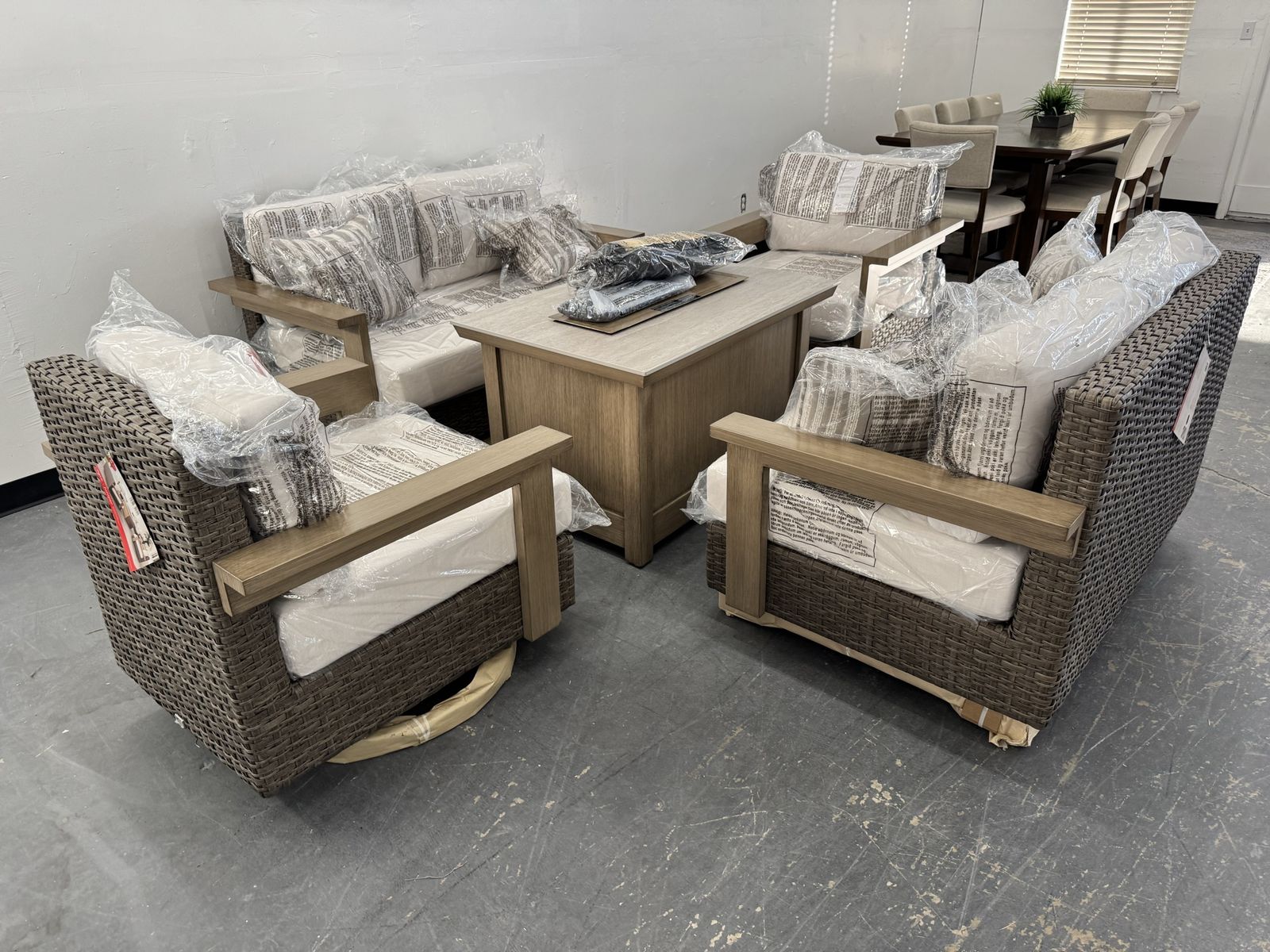 NEW COSTCO AGIO OUTDOOR PATIO FIRE TABLE AND CHAIR SET