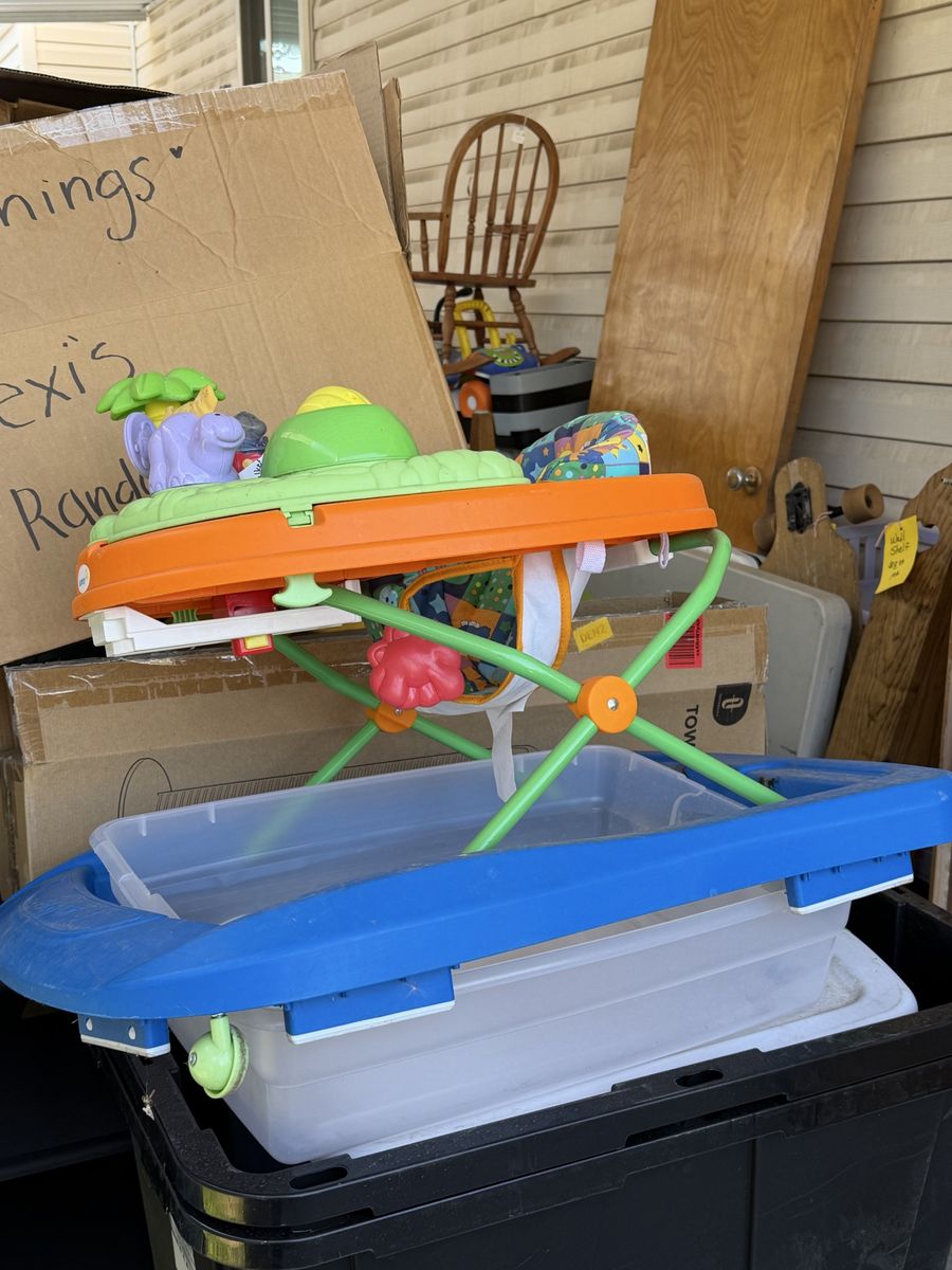 Yard Sale Items - Baby Walker, Children's Chairs, Protocol Luggage & Household Goods