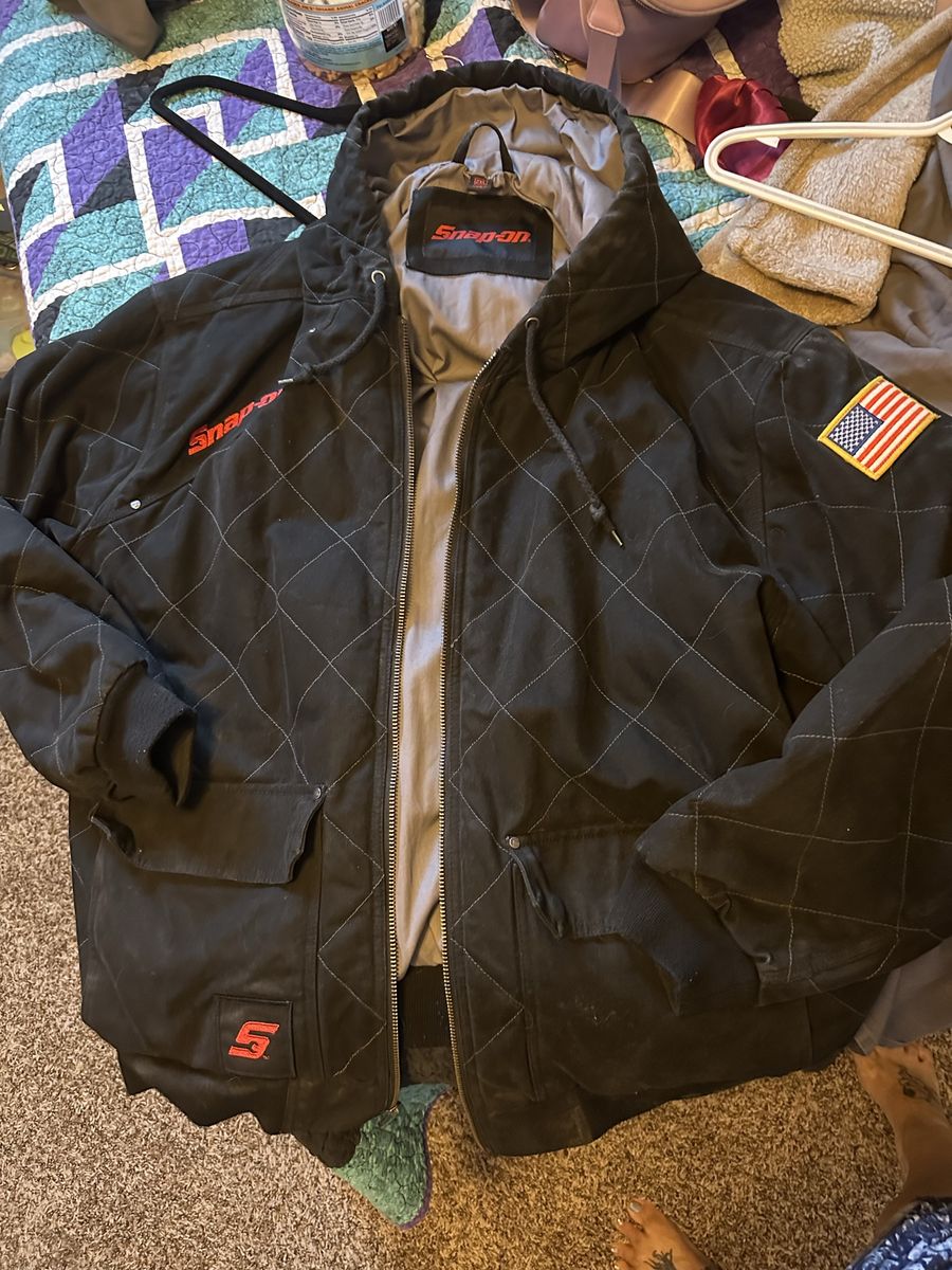 Snap-on Black Quilted Hooded Work Jacket Size XXL with US Flag Patches