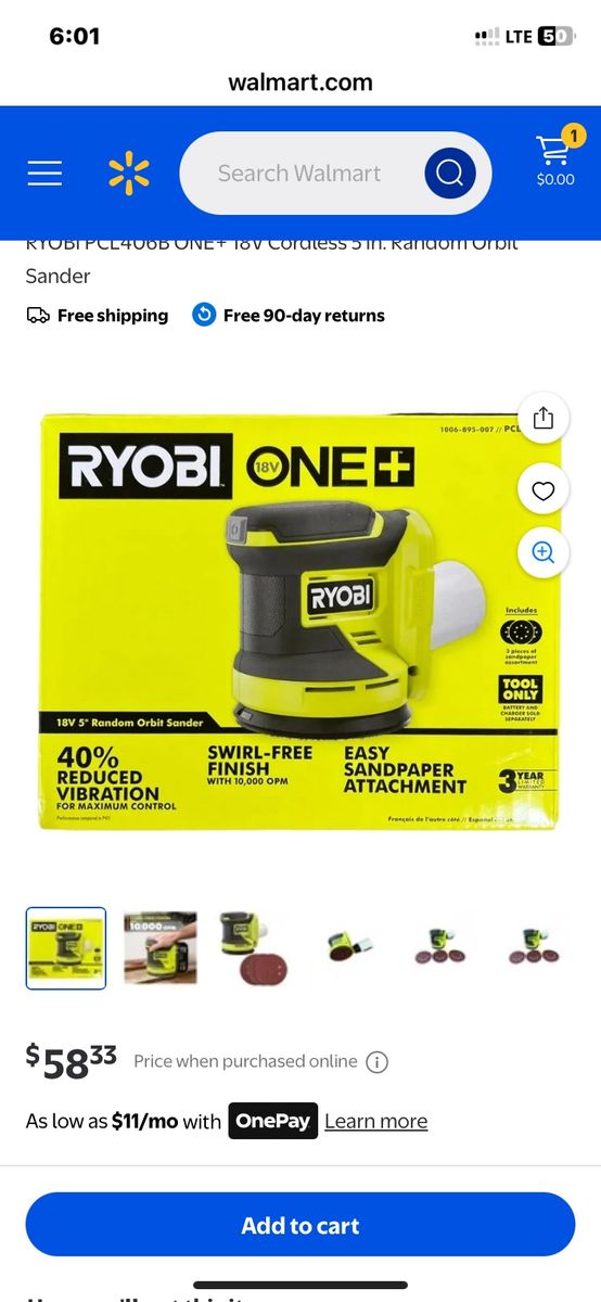 New. RYOBI ONE+ PCL406B 18V Cordless 5 in. Random Orbit Sander - Swirl-Free Finish, Reduced Vibration not charged not battery,.