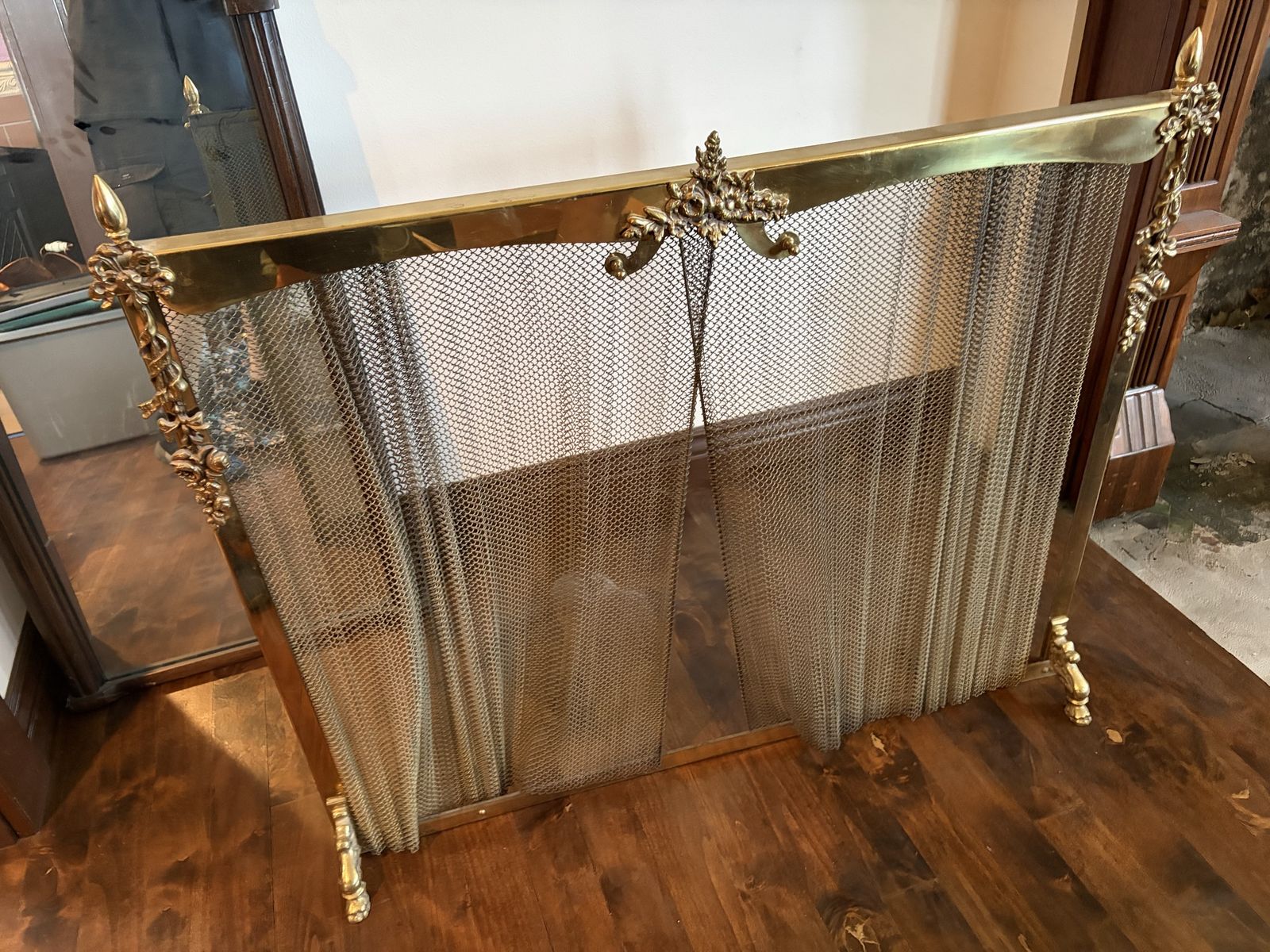 Vintage Brass Fireplace Screen with Decorative Ornate Accents