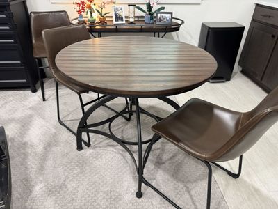 Round Industrial Wooden Top Dining Table Adjustable Height with Metal Base and 4 Leather Chairs