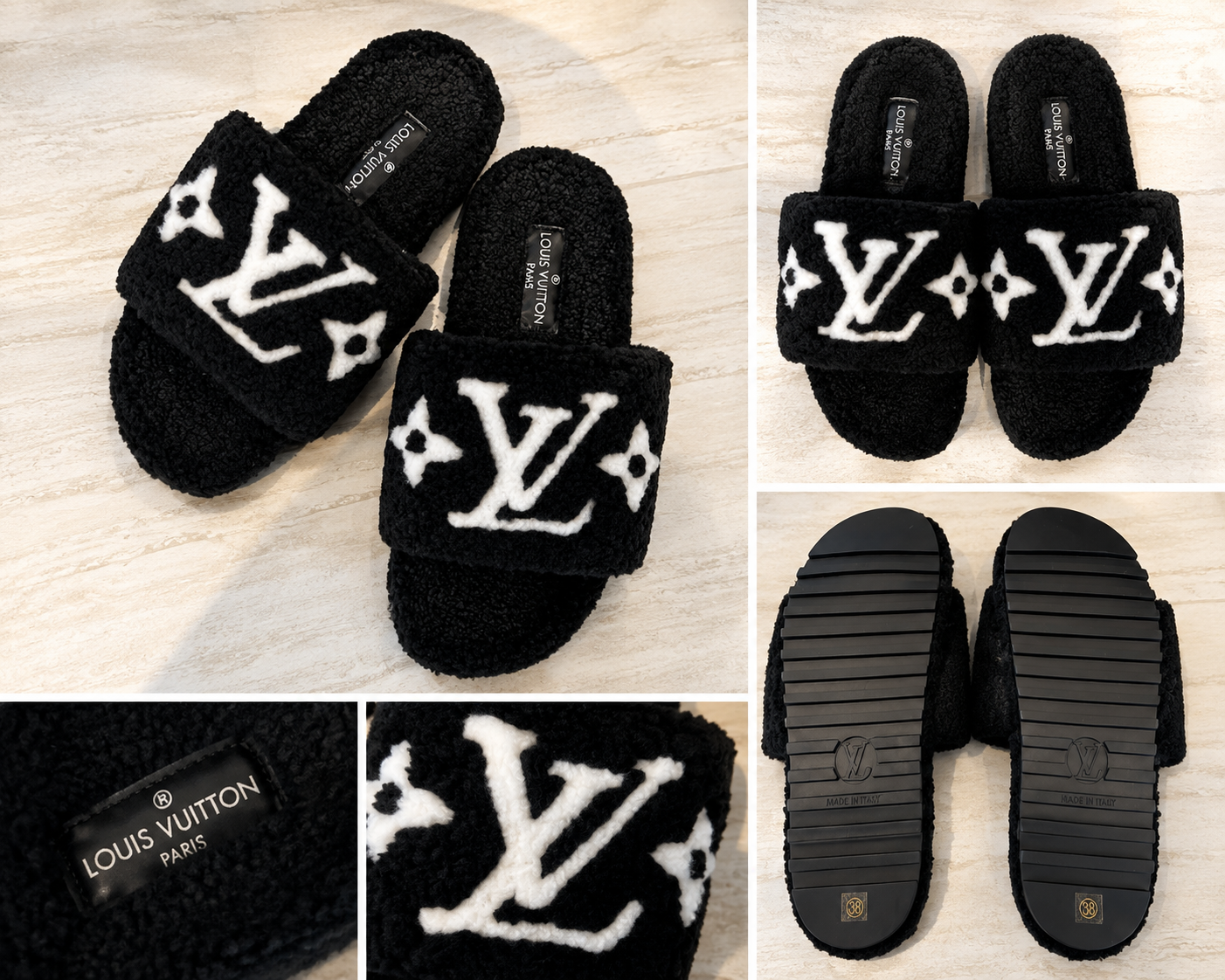 Beautiful Fluffy Non Slip Luxury Designer Black Monogram Slippers New