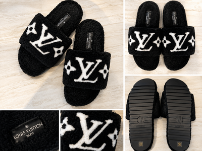Beautiful Fluffy Non Slip Luxury Designer Black Monogram Slippers New