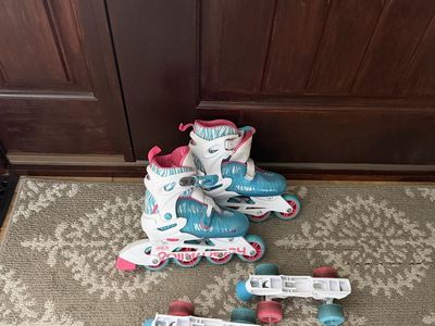 Girls Roller Derby Trac Star Adjustable Inline Skates (Size J13-3) with Quad Skates Conversion Kit