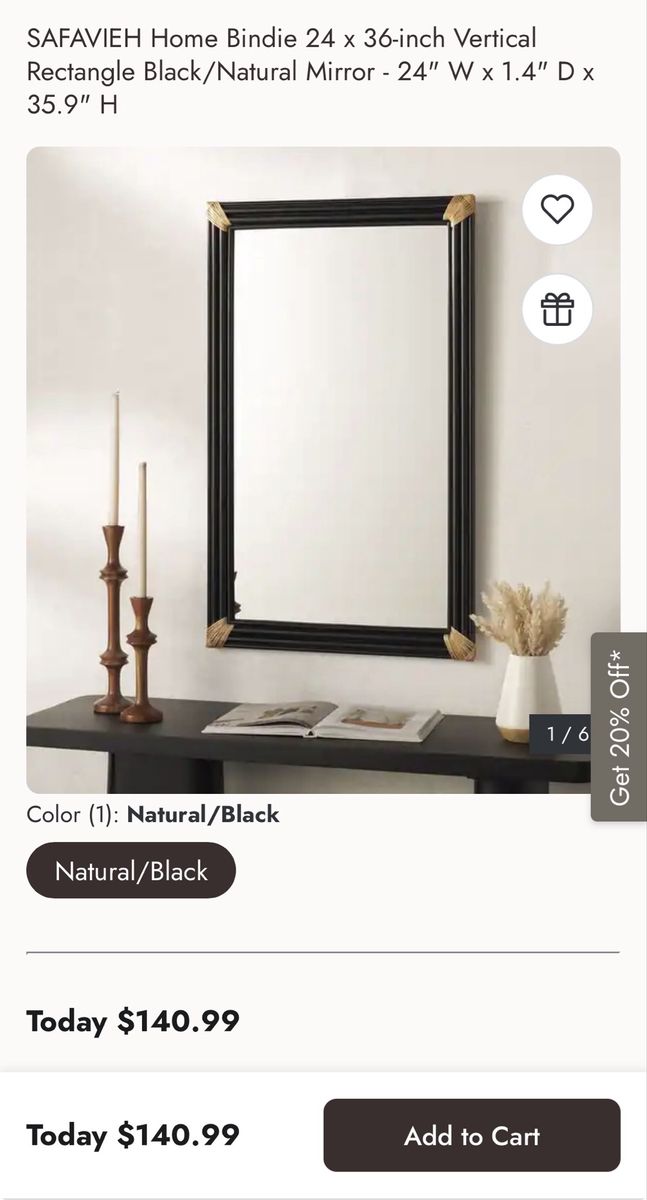 SAFAVIEH Home Bindie 24 x 36-inch Vertical Rectangle Black/Natural Mirror - 24" W x 1.4" D x 35.9" H