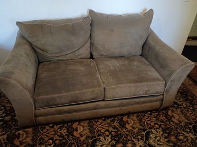 Brown Microfiber Loveseat with Back Cushions and Accent Pillows