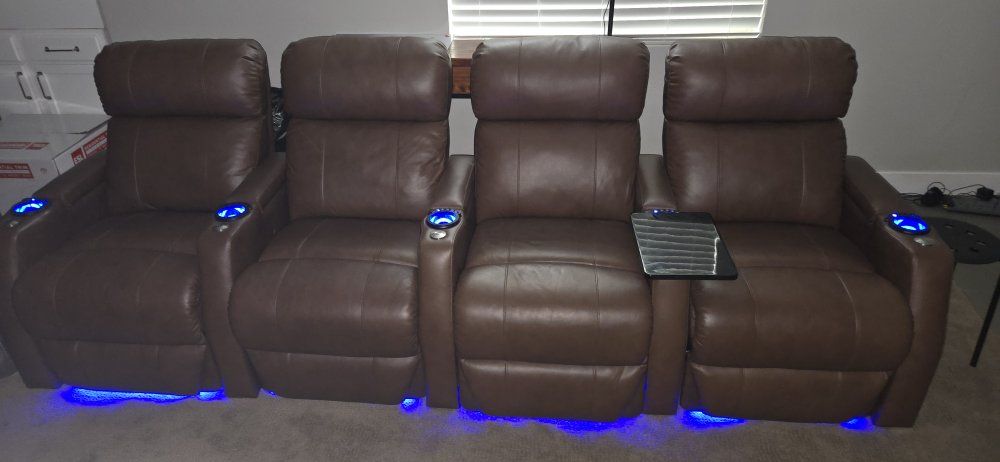 4-Seat Leather Power Home Theater Seating Row with LED Lighting & Tray Table