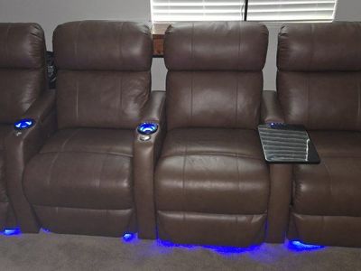 4-Seat Leather Power Home Theater Seating Row with LED Lighting & Tray Table