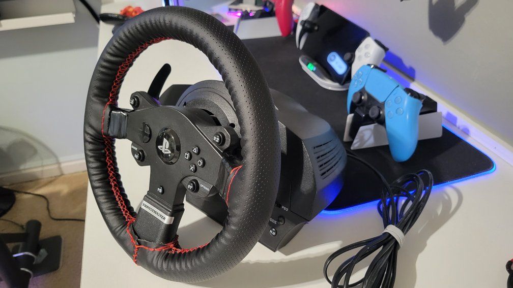 Thrustmaster T150 racing sim wheel with desk mount
