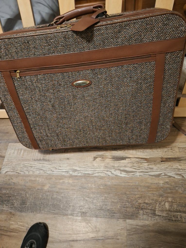Samsonite Vintage Brown Tweed Garment Bag Carry-On Luggage Suitcase with Hanger Hook