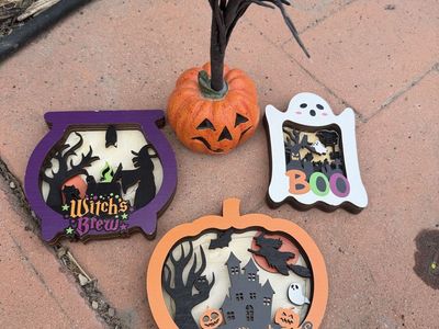 Lot of 5 Halloween Tiered Tray Decor Wooden Signs Pumpkin Tree