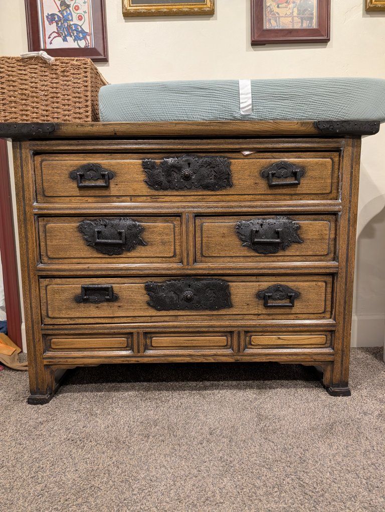 Vintage Solid Wood Dresser with Ornate Iron Hardware - 4 Drawers, Rustic Charm