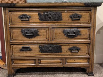 Vintage Solid Wood Dresser with Ornate Iron Hardware - 4 Drawers, Rustic Charm