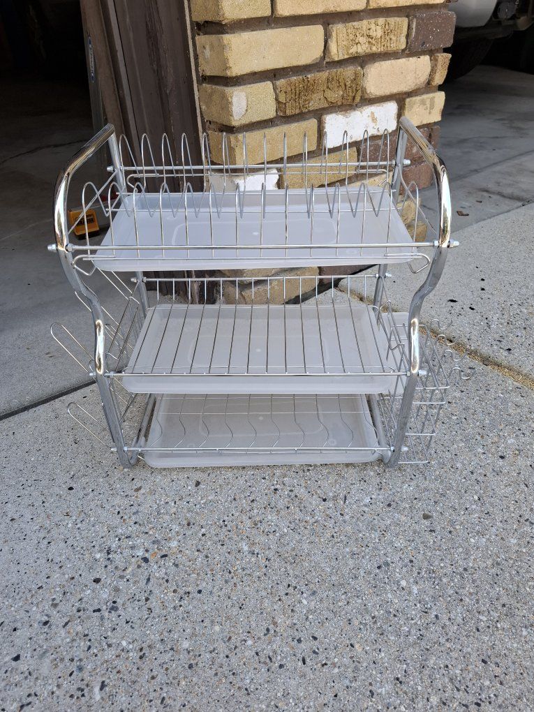 LHELPER 3-Tier Chrome Dish Drying Rack Kitchen Storage w/ Drainboard & Cutlery Cup