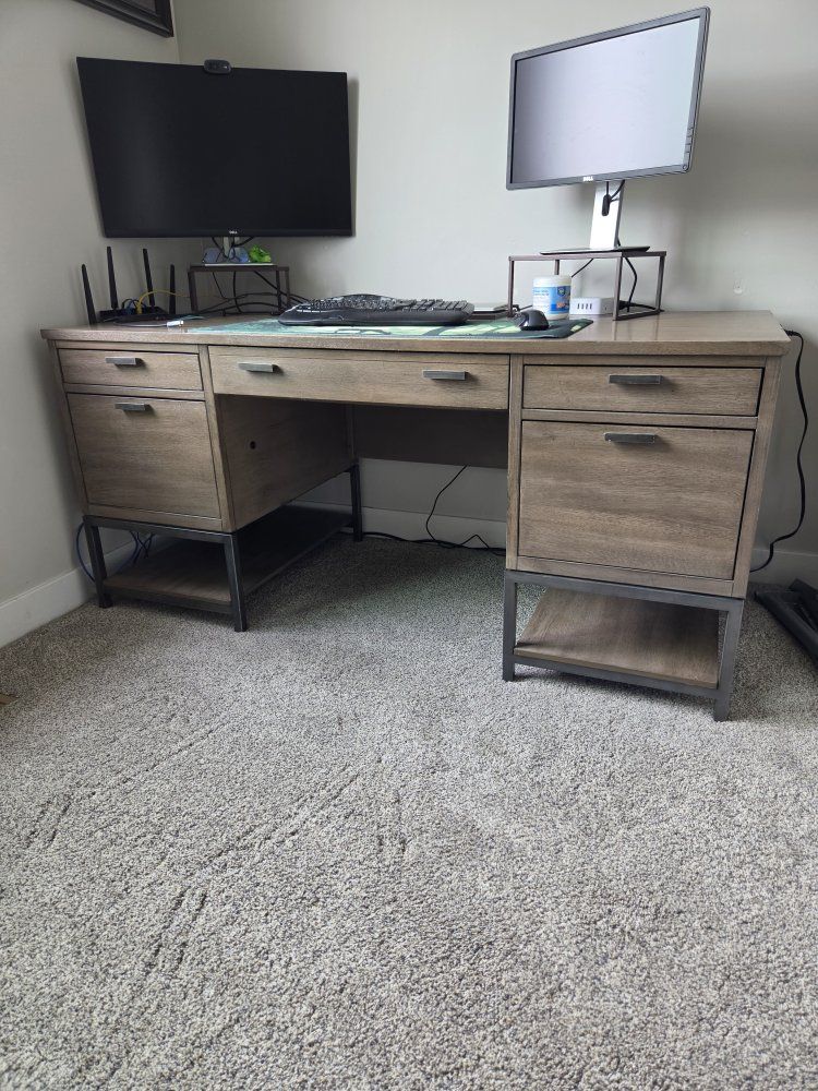 Wood Desk with 5 Drawers and Metal Base - 64"L x 30"W x 31.5"H - Light Gray/Brown Wood Grain