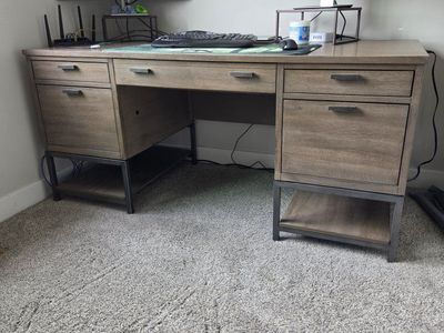 Wood Desk with 5 Drawers and Metal Base - 64"L x 30"W x 31.5"H - Light Gray/Brown Wood Grain