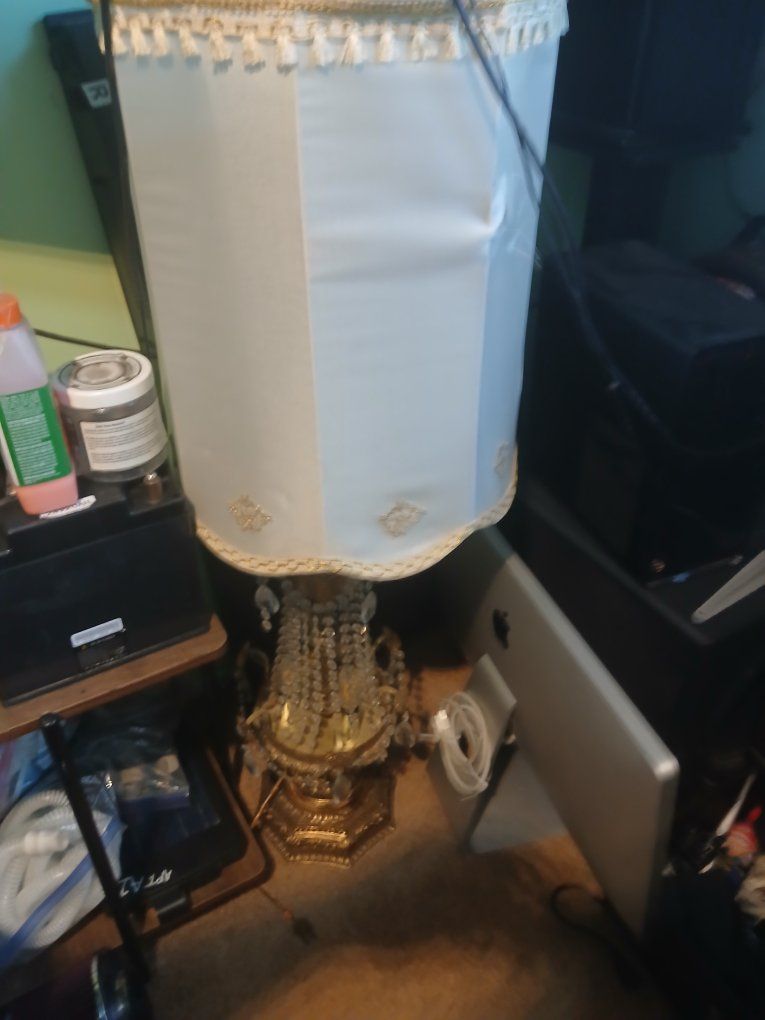 Vintage Brass & Crystal Table Lamp & Hanging Chandelier Lamp Set - Ornate Details