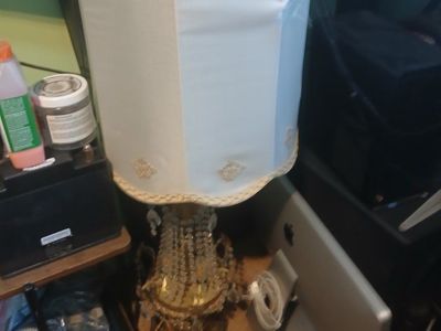 Vintage Brass & Crystal Table Lamp & Hanging Chandelier Lamp Set - Ornate Details