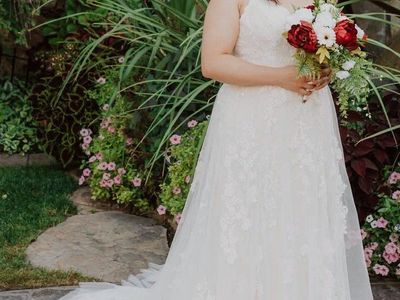 Elegant Lace A-Line Wedding Dress - Size 14 - Ivory/Champagne - Beaded, Spaghetti Straps, Chapel Train