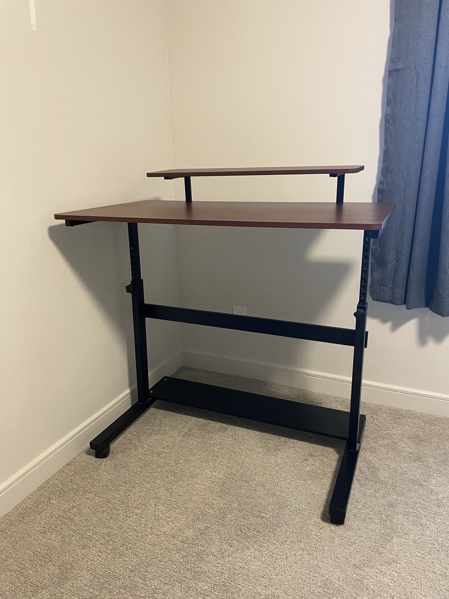 Adjustable Height Rolling Standing Desk - Wood Top, Black Frame, Monitor Riser, Mobile Workstation
