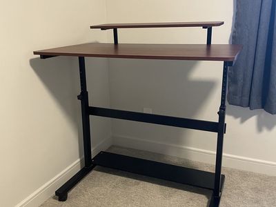 Adjustable Height Rolling Standing Desk - Wood Top, Black Frame, Monitor Riser, Mobile Workstation