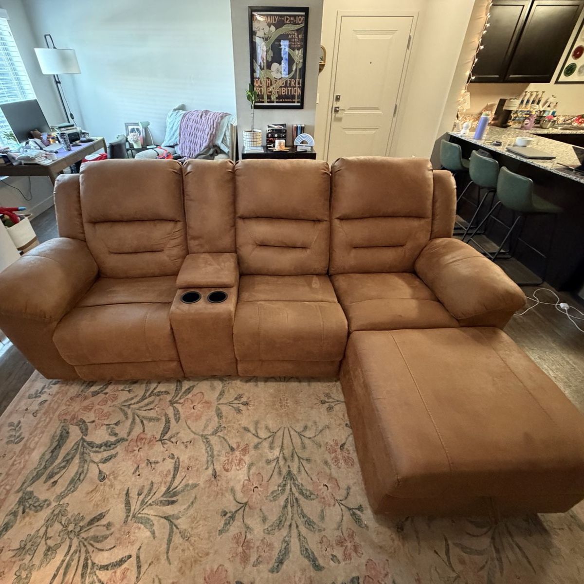 Brown Faux Leather Reclining Sectional Sofa with Chaise and Cup Holders