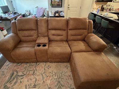 Brown Faux Leather Reclining Sectional Sofa with Chaise and Cup Holders
