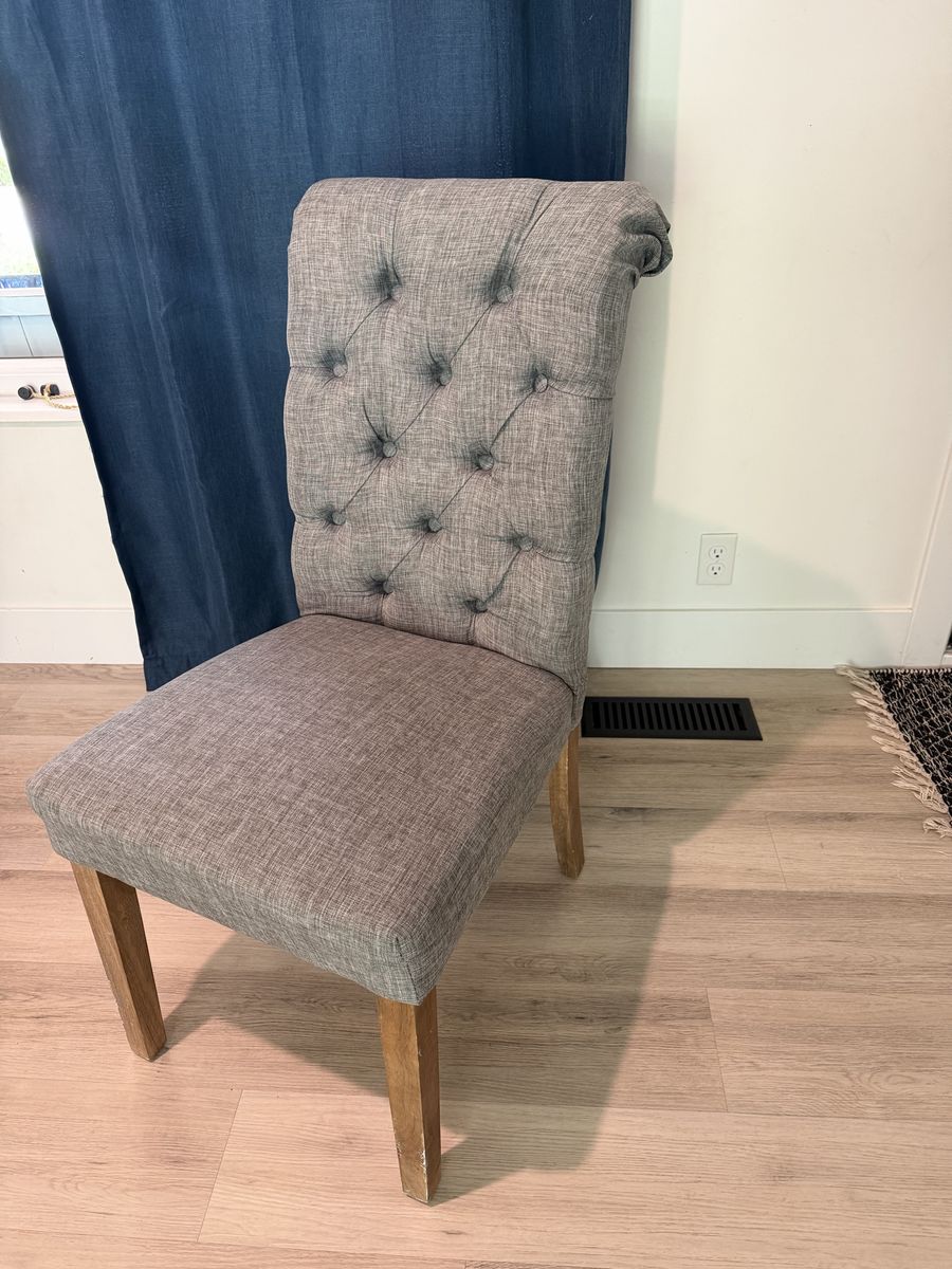 Tufted Gray Fabric Dining Chair - Upholstered Roll Top Side Chair