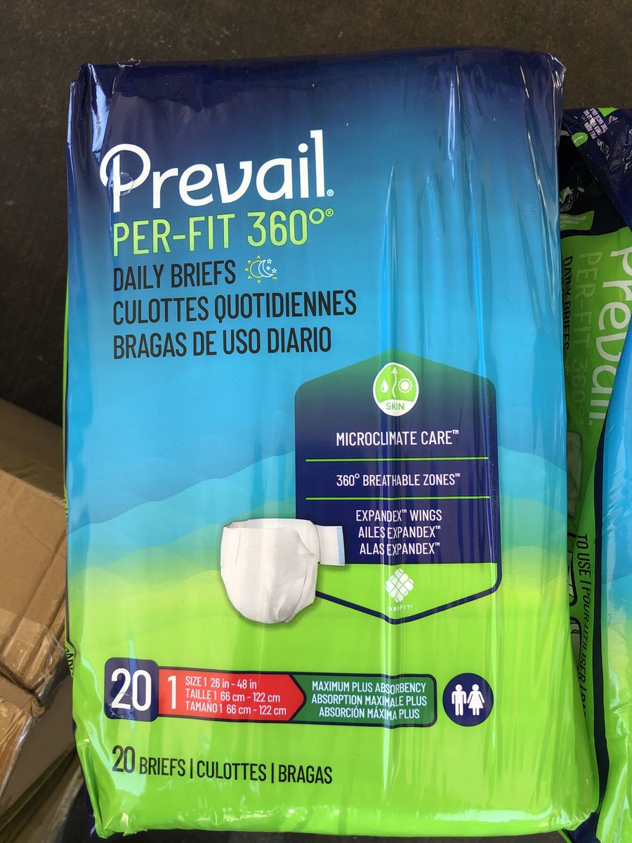 Prevail PER-FIT 360 Daily Briefs, Size 1 (26-48 in), Maximum Plus Absorbency, 20 Count Packs