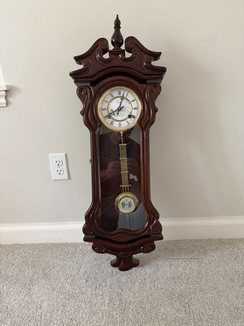 Tempus 34" Wall Clock with Hourly Chime, Dark Wood Finish