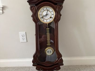 Tempus 34" Wall Clock with Hourly Chime, Dark Wood Finish