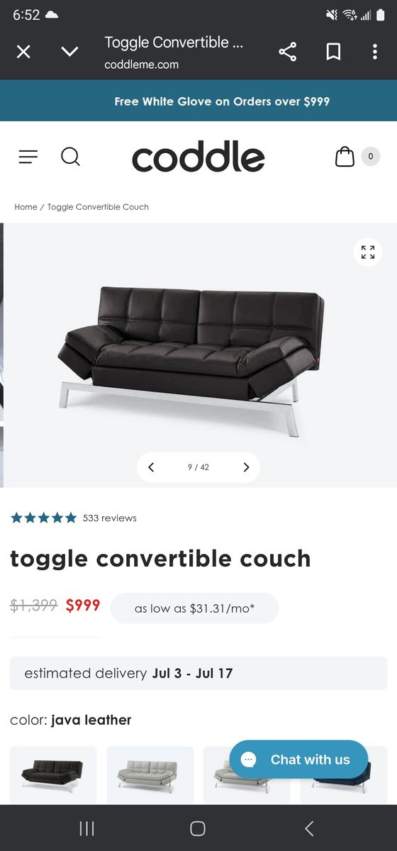 Coddle Toggle Convertible Couch / Futon – Black Leather – Excellent Condition