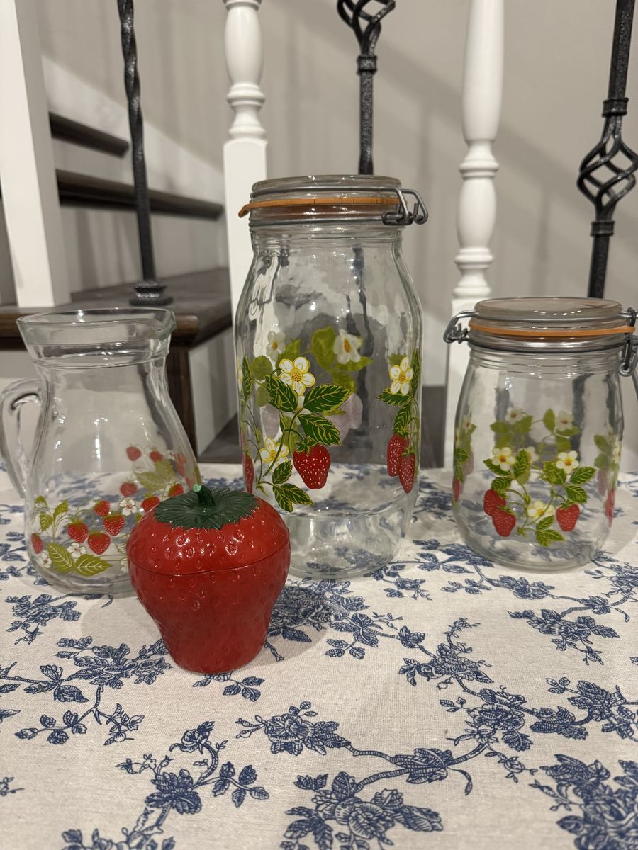 Vintage Strawberry Glass Canister Jars, Pitcher and Ceramic Dish Set