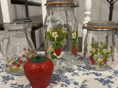 Vintage Strawberry Glass Canister Jars, Pitcher and Ceramic Dish Set