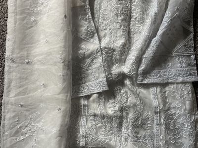 Women's White Heavily Embroidered Kurta Suit with Dupatta - Size Medium