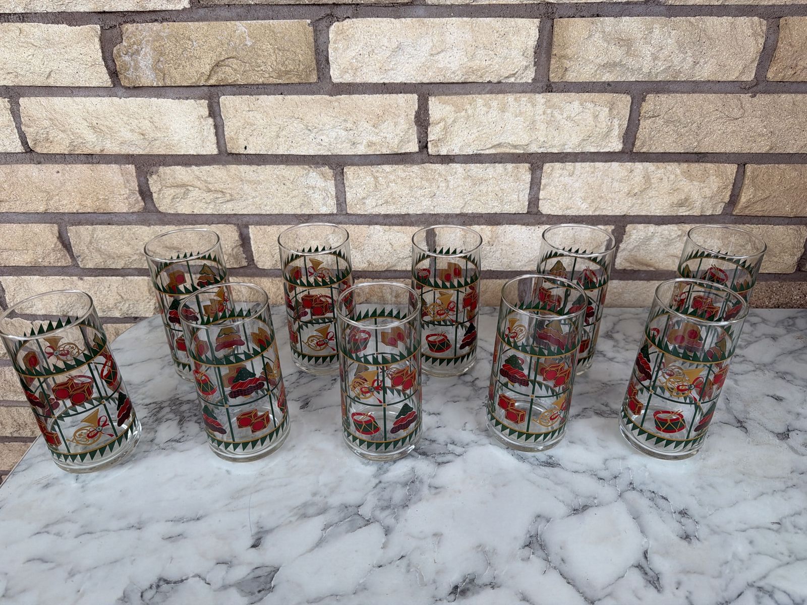 Vintage Christmas Drinking Glasses Set of 10 - Holiday Music & Toy Motif Tumblers