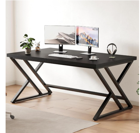Modern Gaming Writing Computer Desk for Home Office, Metal Wood Study Work PC Computer Table