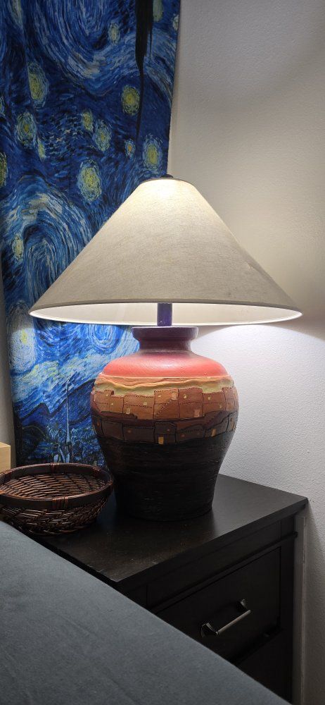 Unique Southwestern / Pueblo Style Table Lamp with Terracotta Base & Fabric Shade