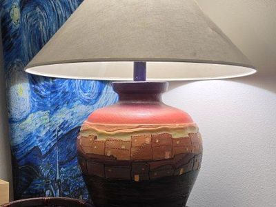 Unique Southwestern / Pueblo Style Table Lamp with Terracotta Base & Fabric Shade